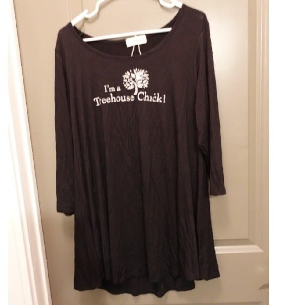 Treehouse Chick Graphic Top Tunic 3/4 Sleeve Casual Comfy Black Size XL